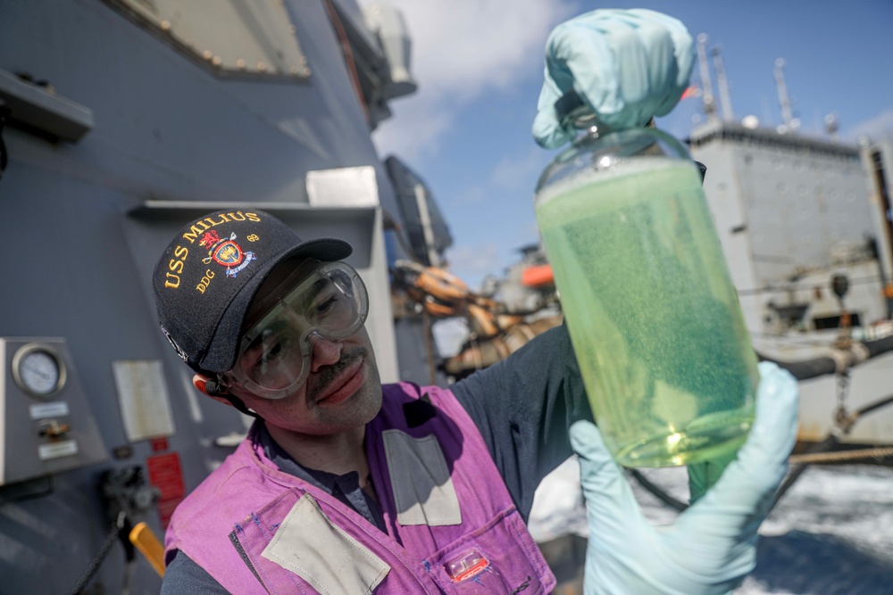 USS Milius (DDG 69) Conducts Underway Replenishment with USNS Charles Drew (T-AKE 10)