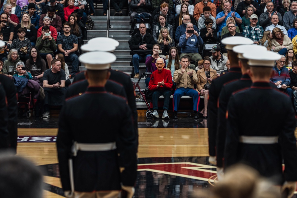 100-Year Old Marine Corps Veteran watches The Silent Drill Platoon