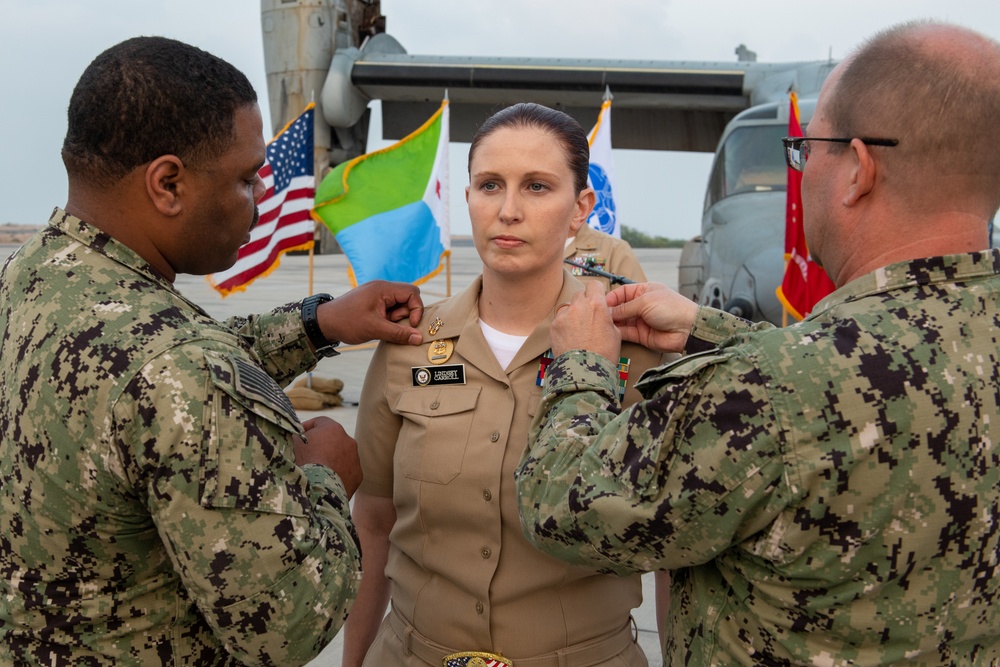 Command Senior Enlisted Leader, Camp Lemonnier, Djibouti, Lindsey Carroll promoted to Master Chief Petty Officer on International Women Day, March 8.