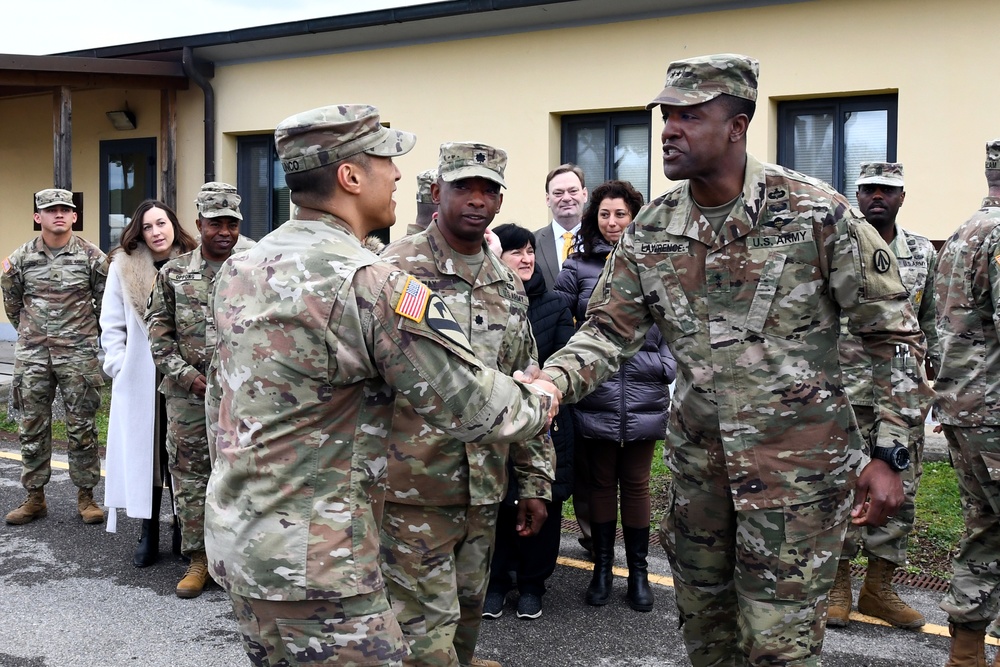 839th Transpotration Battalion, Maj. Gen. Gavin A. Lawrence, visits Camp Darby.