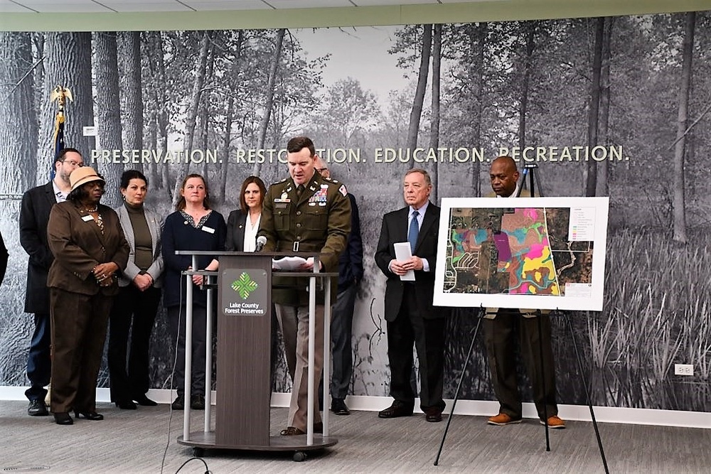 USACE Chicago District Acting Commander, LTC Matthew Broderick, speaks at a press conference held my Sen. Durbin and teh Lake County Forest Preserve