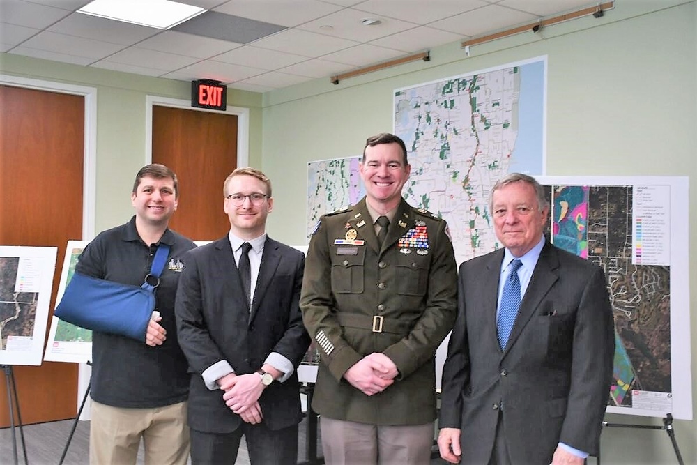Jeff Zuercher, Patrick Kennedy, LTC Broderick and Senator Durbin at the Des Plaines River Project press conference.