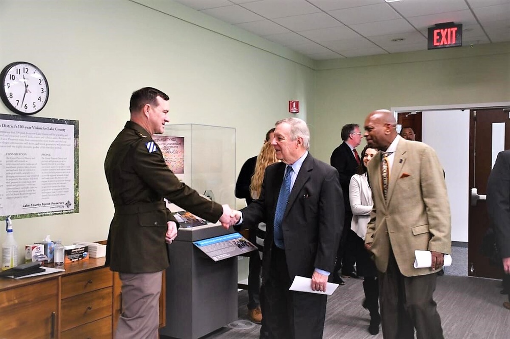 LTC Broderick, USACE Chicago District Commander, greets Senator Richard Durbin before the Des Plaines River Project press conference.