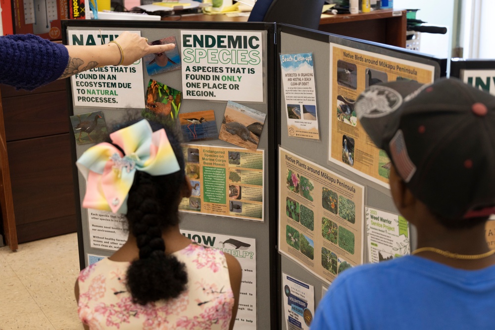 Children learn about native and endemic species during the science, technology, engineering and mathematics festival, Mokapu Elementary School, Marine Corps Base Hawaii, March 8, 2023. 