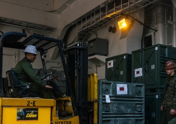 3rd Marine Aircraft Wing Marines load aviation support equipment onto the SS Curtiss