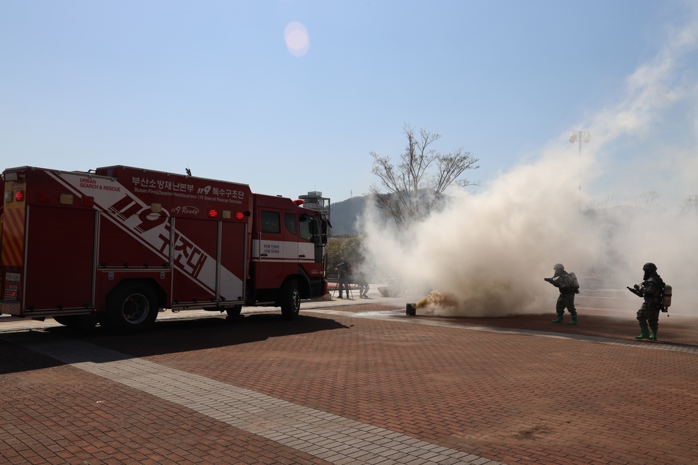 19th Expeditionary Sustainment Command participate in a combined training demonstration focused at Gimhae.