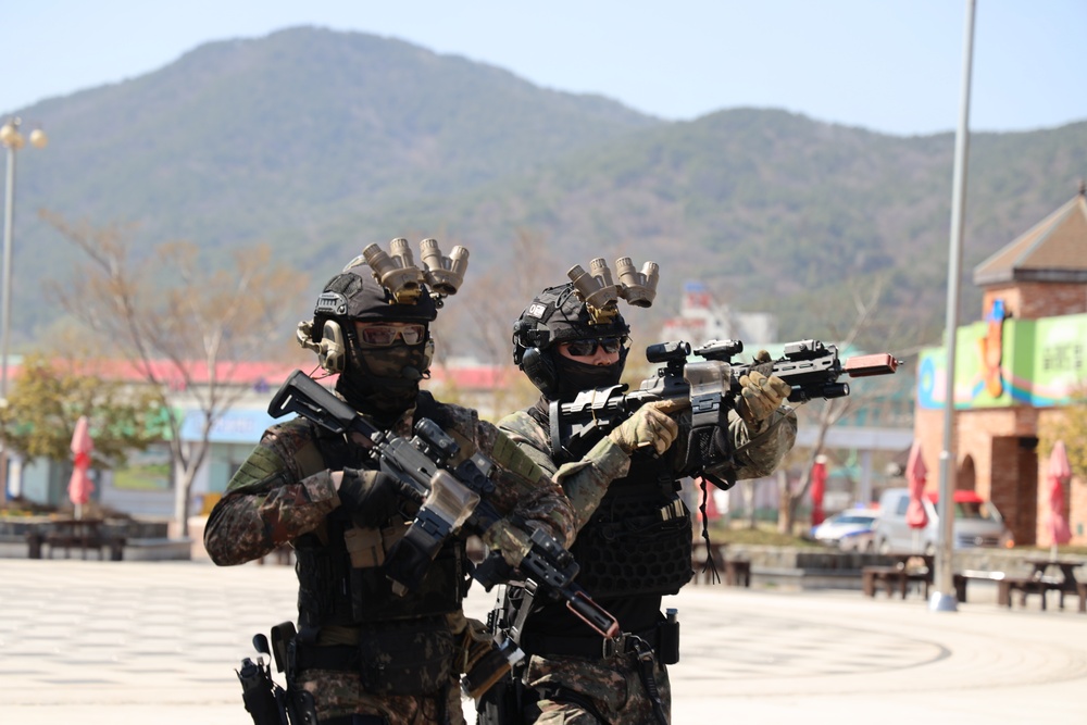 19th Expeditionary Sustainment Command participate in a combined training demonstration focused at Gimhae.