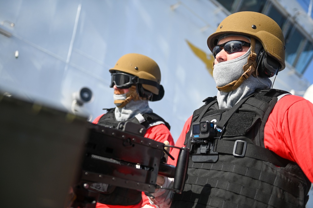 USCGC Stone conducts machine gun training in the Southern Atlantic Ocean