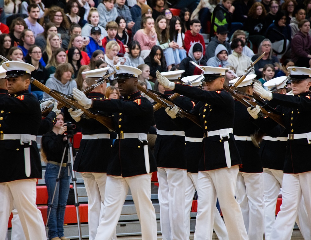 Marines of the Battle Color Detachment, Marine Barracks Washington, continue their west coast tour performing for students in Snohomish, Washington.