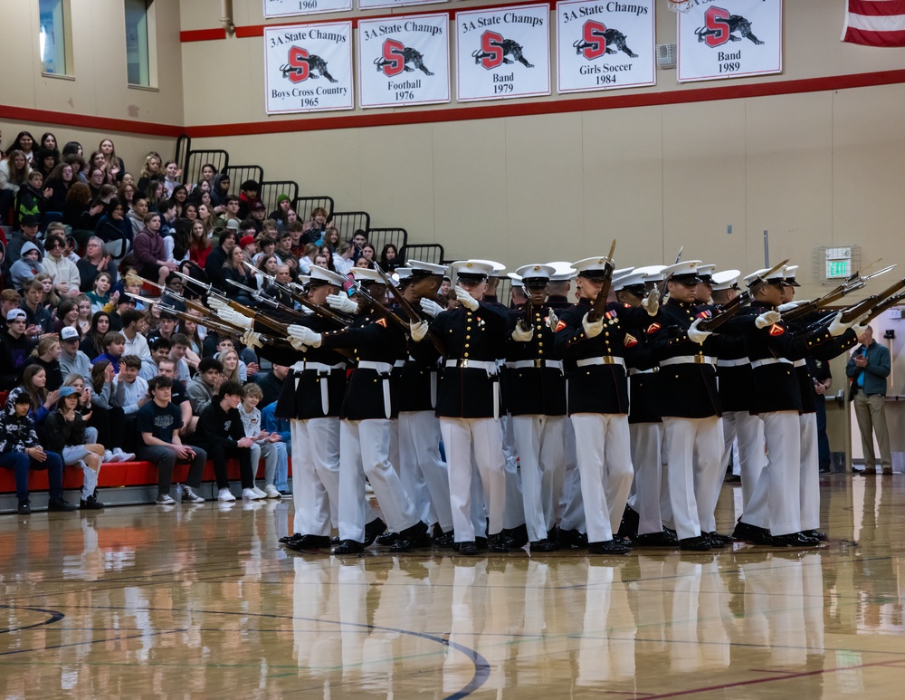 Marines of the Battle Color Detachment, Marine Barracks Washington, continue their west coast tour performing for students in Snohomish, Washington.