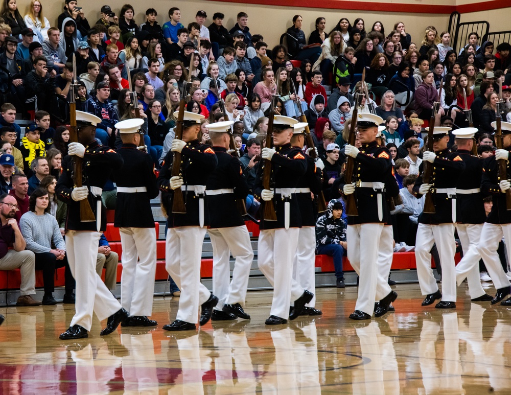 Marines of the Battle Color Detachment, Marine Barracks Washington, continue their west coast tour performing for students in Snohomish, Washington.