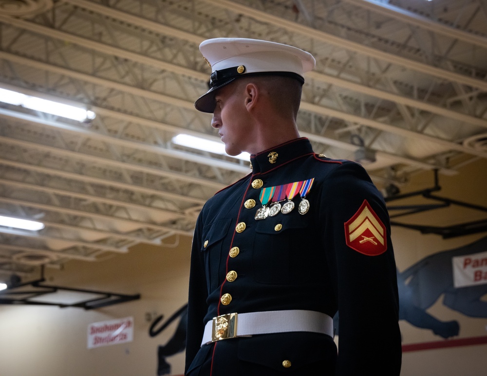 Marines of the Battle Color Detachment, Marine Barracks Washington, continue their west coast tour performing for students in Snohomish, Washington.