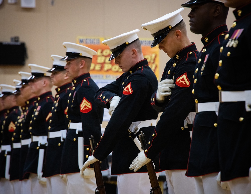 Marines of the Battle Color Detachment, Marine Barracks Washington, continue their west coast tour performing for students in Snohomish, Washington.