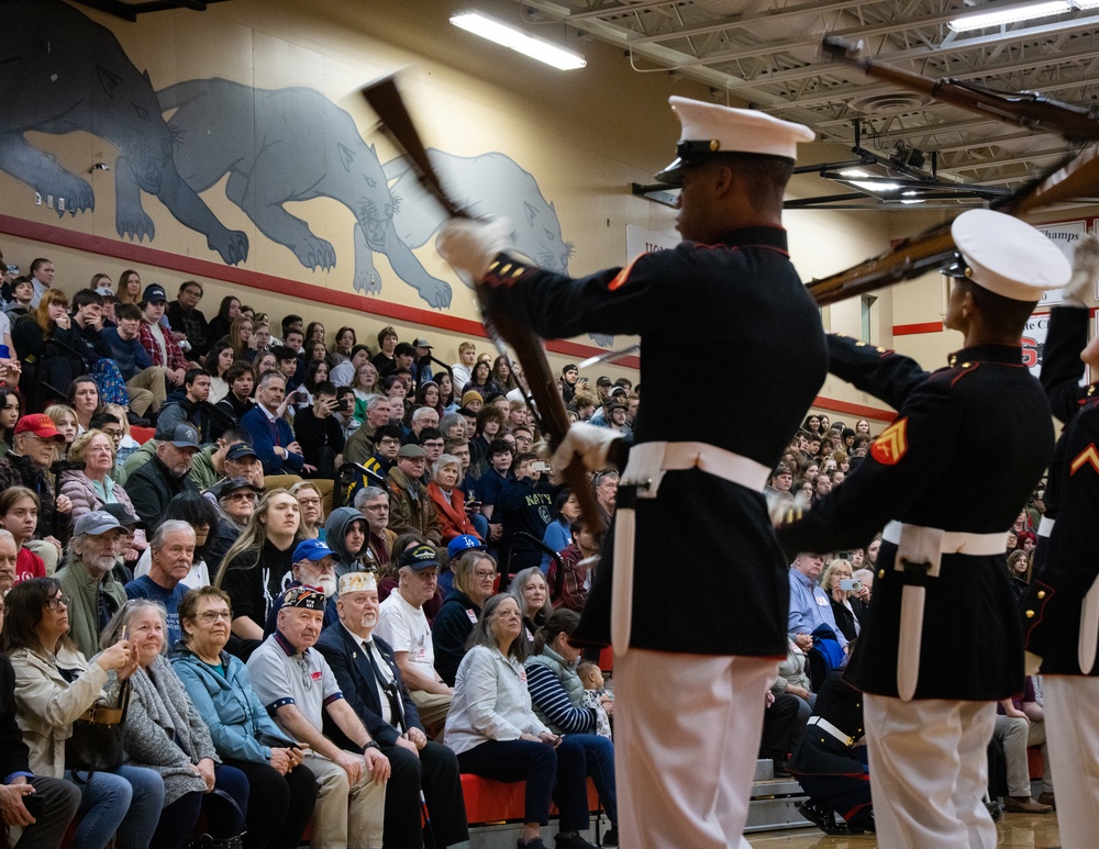 Marines of the Battle Color Detachment, Marine Barracks Washington, continue their west coast tour performing for students in Snohomish, Washington.