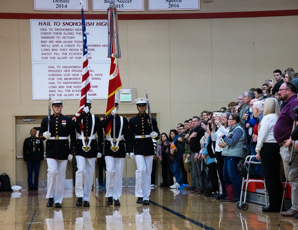 Marines of the Battle Color Detachment, Marine Barracks Washington, continue their west coast tour performing for students in Snohomish, Washington.