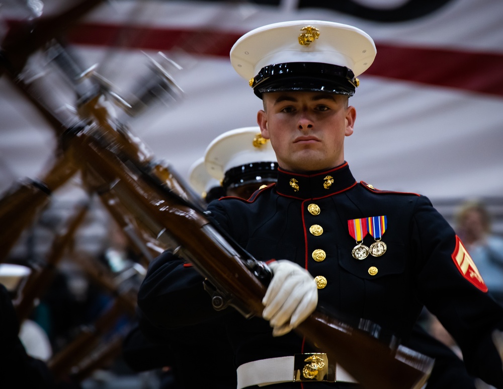 Marines of the Battle Color Detachment, Marine Barracks Washington, continue the west coast tour performing for students at Whitworth University, Spokane Washington.