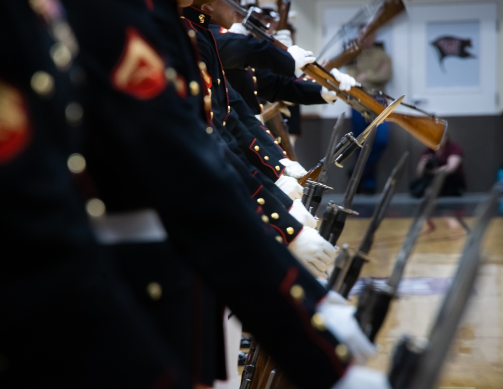 Marines of the Battle Color Detachment, Marine Barracks Washington, continue the west coast tour performing for students at Whitworth University, Spokane Washington.