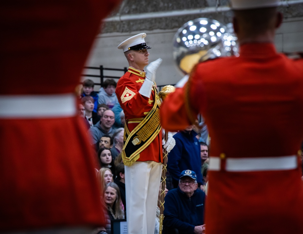 Marines of the Battle Color Detachment, Marine Barracks Washington, continue the west coast tour performing for students at Whitworth University, Spokane Washington.