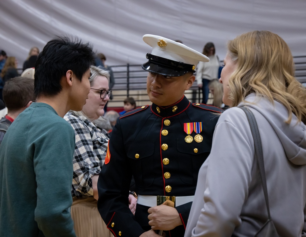 Marines of the Battle Color Detachment, Marine Barracks Washington, continue the west coast tour performing for students at Whitworth University, Spokane Washington.