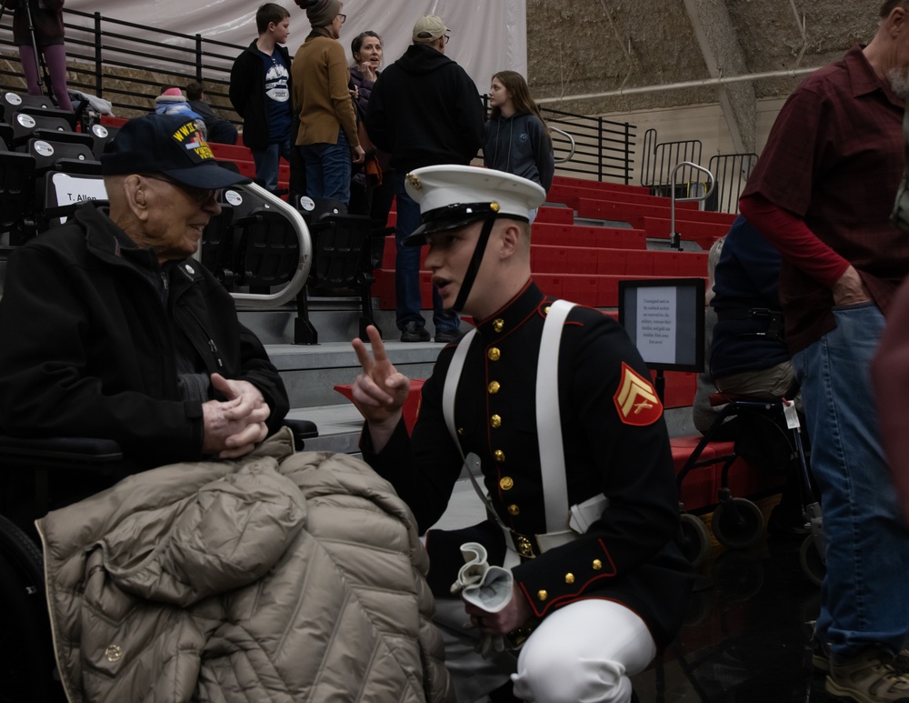 Marines of the Battle Color Detachment, Marine Barracks Washington, continue the west coast tour performing for students at Whitworth University, Spokane Washington.