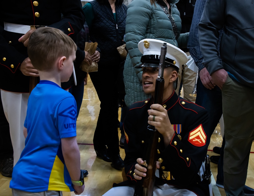 Marines of the Battle Color Detachment, Marine Barracks Washington, continue the west coast tour performing for students at Whitworth University, Spokane Washington.