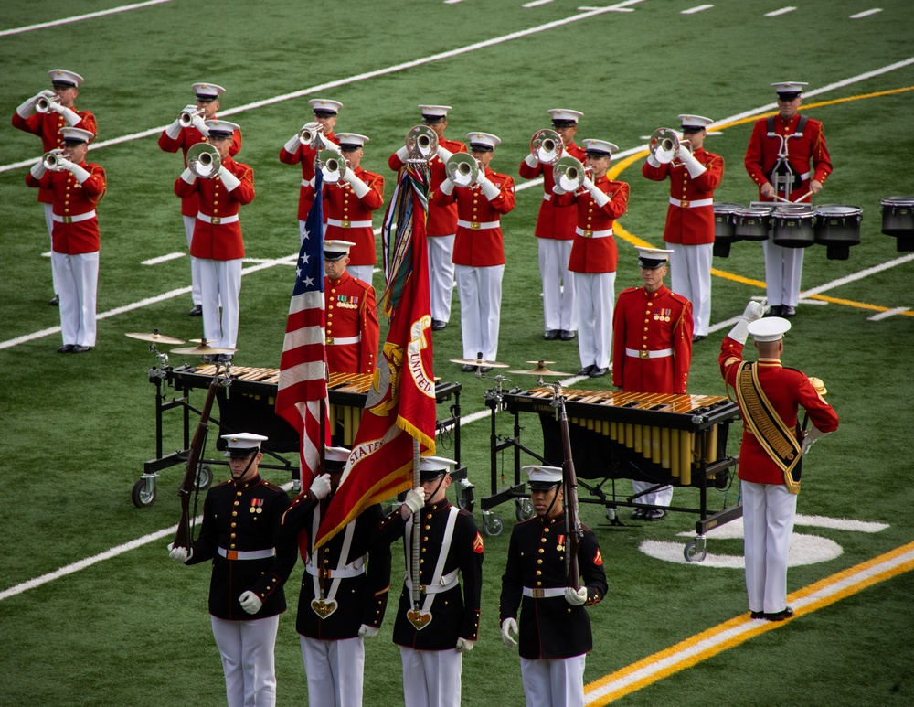 Marines of the Battle Color Detachment, Marine Barracks Washington, perform for students at Chief Sealth International High School, Seattle Washington.