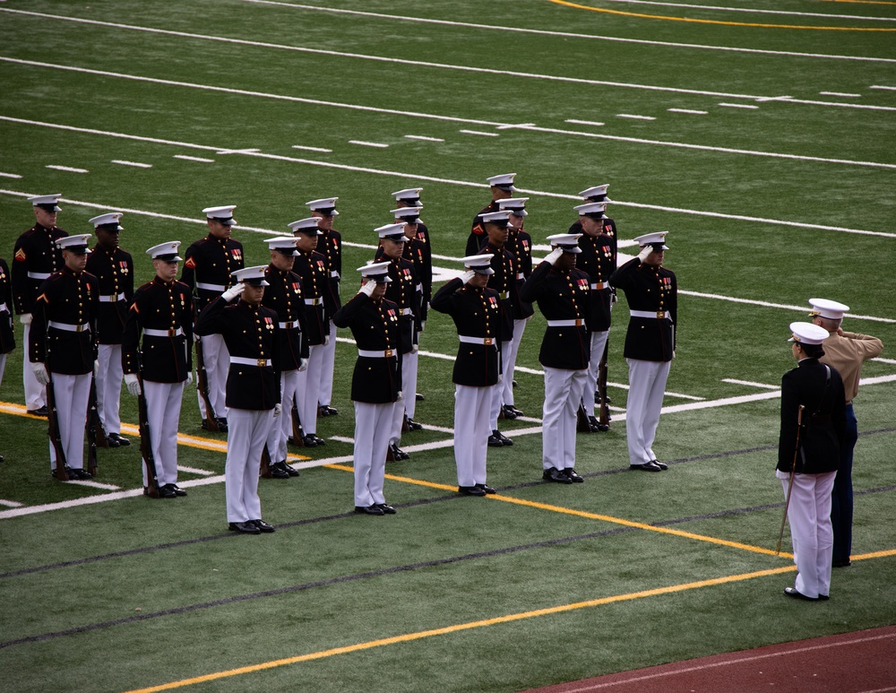 Marines of the Battle Color Detachment, Marine Barracks Washington, perform for students at Chief Sealth International High School, Seattle Washington.