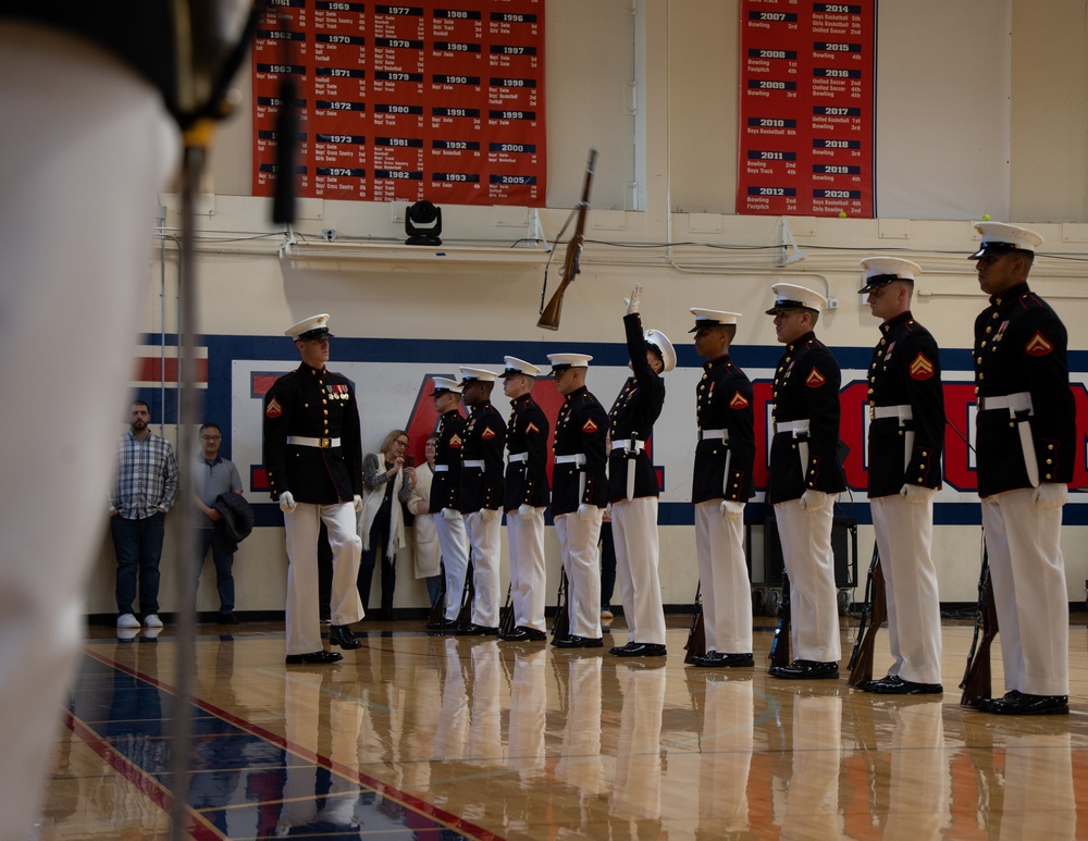 Marines of the Silent Drill Platoon, Marine Barracks Washington, performed for students at Silas High School in Tacoma, Washington.