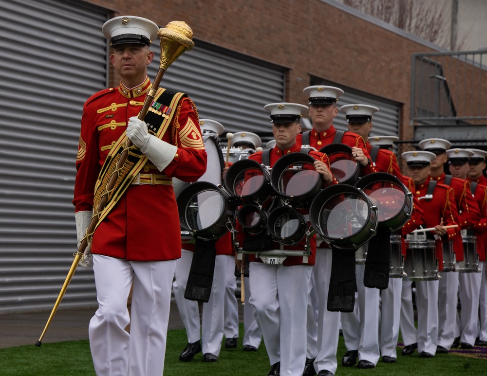 Marines with “The Commandant’s Own,” U.S. Marine Drum &amp; Bugle Corps, Marine Barracks Washington, perform during a Washington State Huskies baseball game, at Washington State University, Seattle Washington.