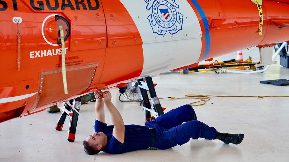 U.S. Coast Guard aircrew conducts seven-day maintenance on Dolphin