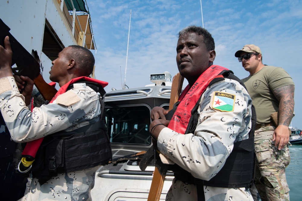 U.S. Navy and Coast Guard members partner with Djiboutian Coast Guardsmen to execute the final Cutlass Express 2023 event