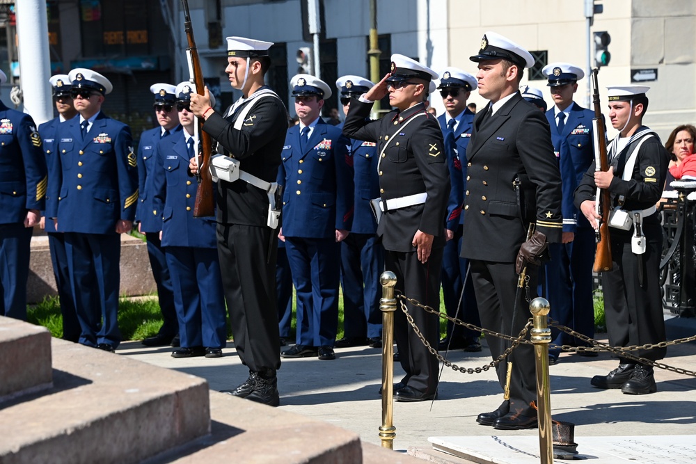 U.S. Coast Guard Polar Star crew render honors to the Heroes of the Battle of Iquique changing of the guard ceremony