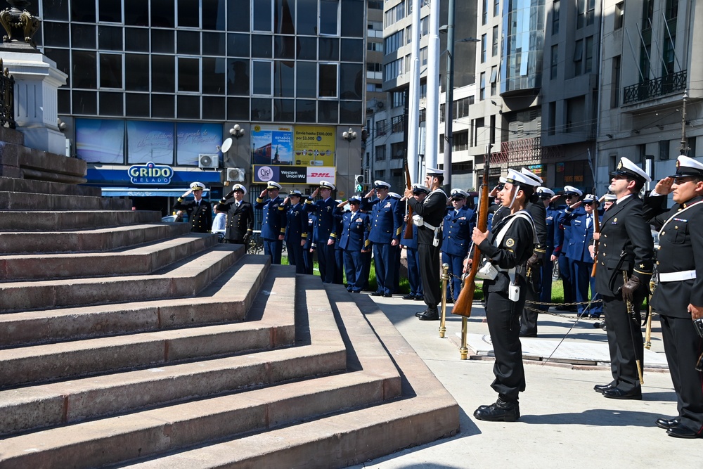 U.S. Coast Guard Polar Star crew render honors to the Heroes of the Battle of Iquique changing of the guard ceremony