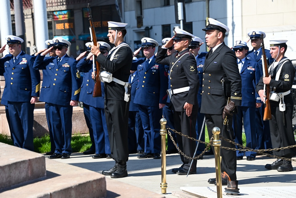 U.S. Coast Guard Polar Star crew render honors to the Heroes of the Battle of Iquique changing of the guard ceremony