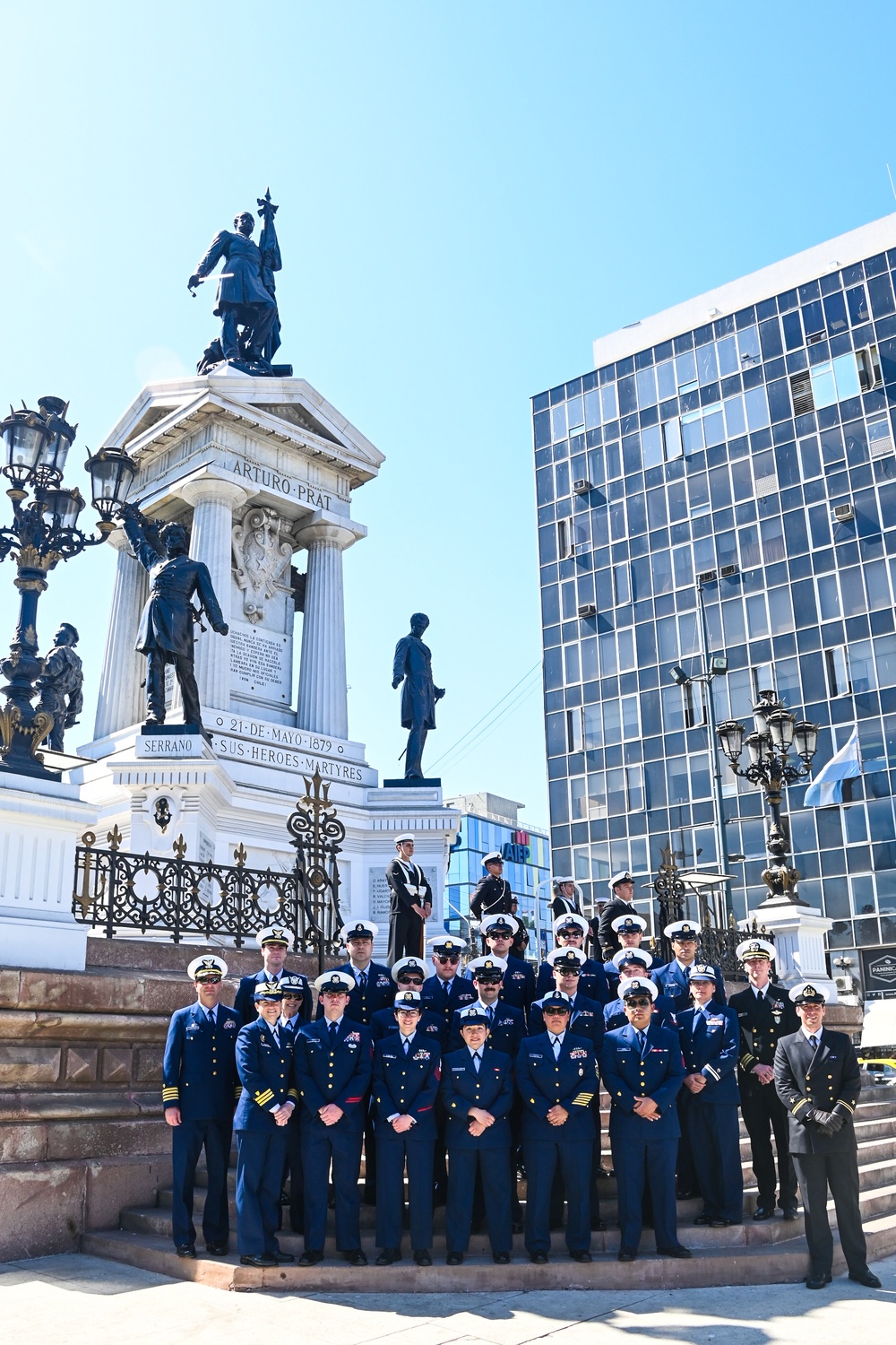 U.S. Coast Guard Polar Star crew render honors to the Heroes of the Battle of Iquique changing of the guard ceremony