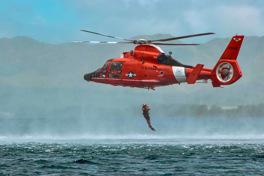 U.S. Coast Guard Dolphin helicopter crew trains in Guam