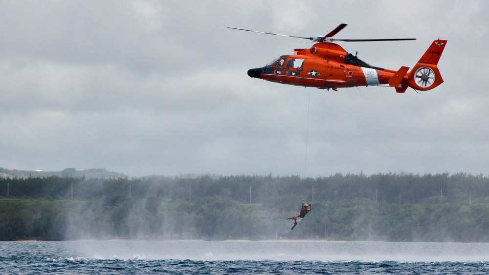 U.S. Coast Guard Dolphin helicopter crew trains in Guam