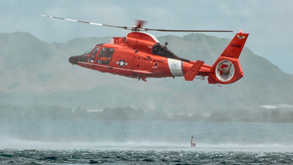 U.S. Coast Guard Dolphin helicopter crew trains in Guam