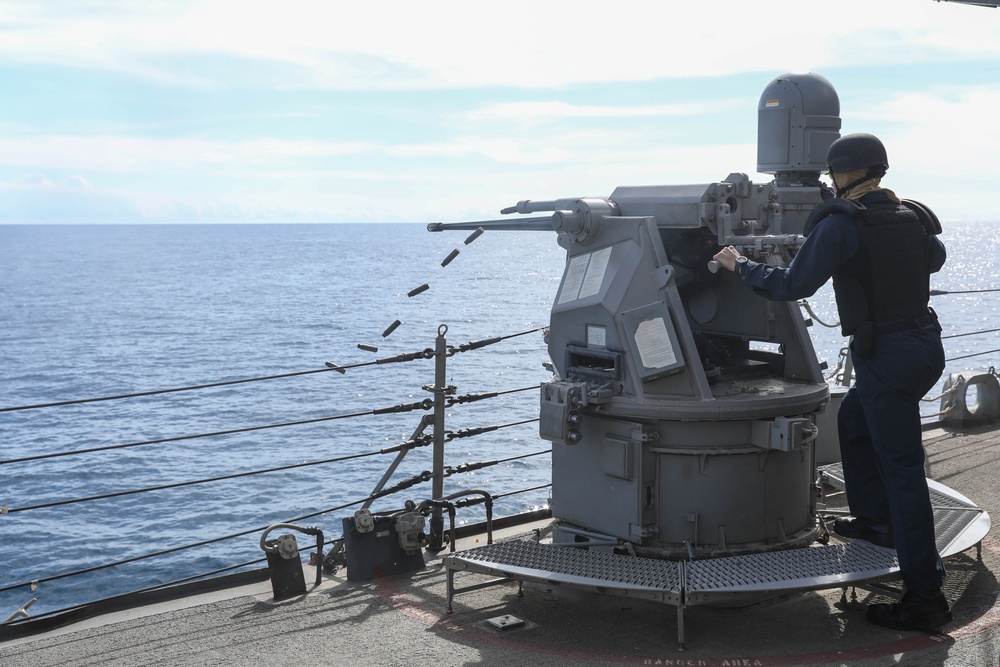 USS Ramage (DDG 61), fires the Mark 38 25mm