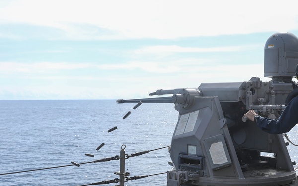 USS Ramage (DDG 61), fires the Mark 38 25mm