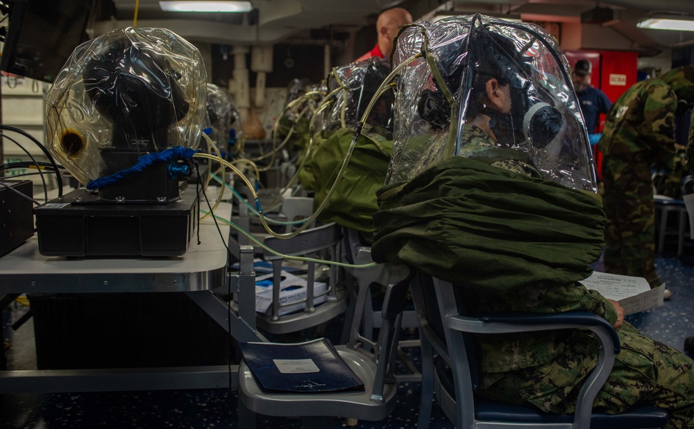 USS Ronald Reagan (CVN 76) Sailors get fitted for chemical, biological and radiological PPE