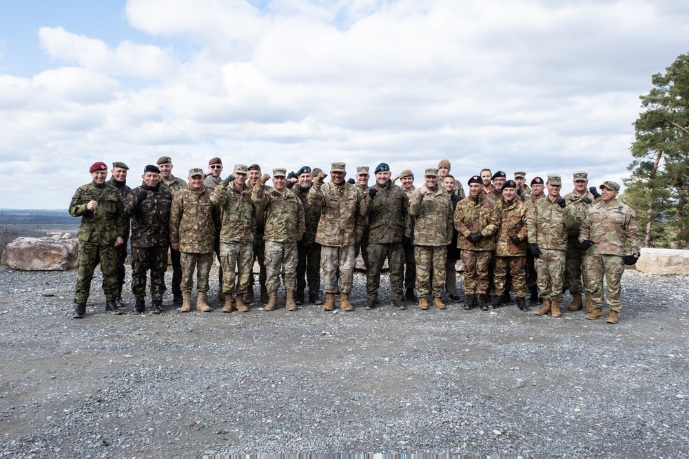 Gen. Darryl Williams and MG Stephen Maranian pose with NATO Partners and Allies during Exercise Dynamic Front 23