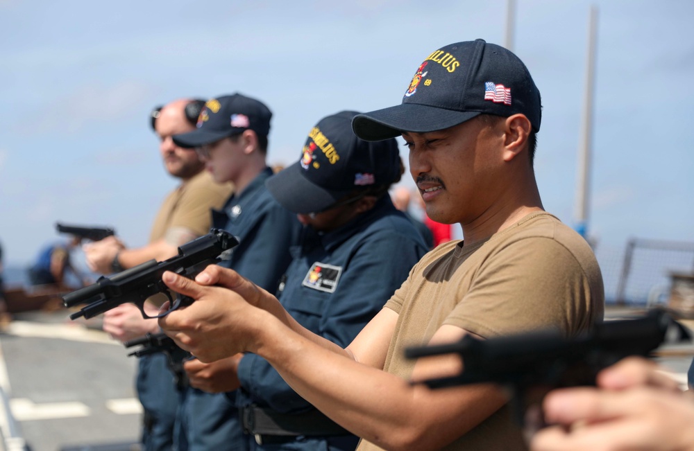 USS Milius (DDG 69) Conducts Live-Fire 9 mm Pistol Training