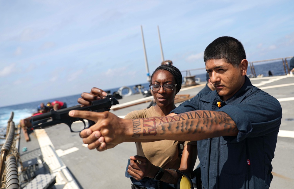 USS Milius (DDG 69) Conducts Live-Fire 9 mm Pistol Training