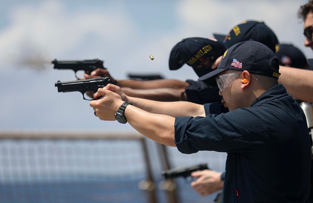 USS Milius (DDG 69) Conducts Live-Fire 9 mm Pistol Training