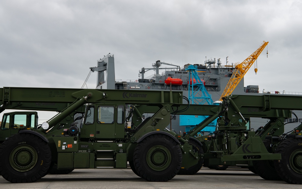 U.S. Army vehicles are loaded onto the USNS Pomeroy