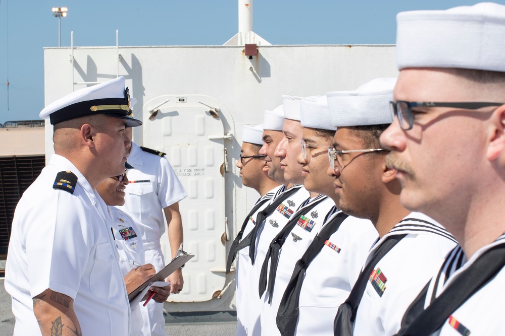 USS Tripoli C5I Department Conducts Dress White Uniform Inspection