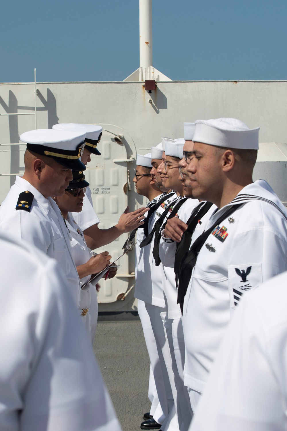 USS Tripoli C5I Department Conducts Dress White Uniform Inspection