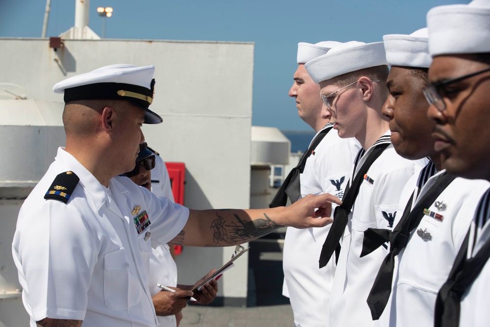 USS Tripoli C5I Department Conducts Dress White Uniform Inspection