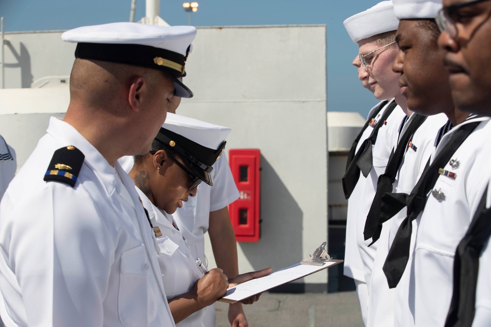 USS Tripoli C5I Department Conducts Dress White Uniform Inspection